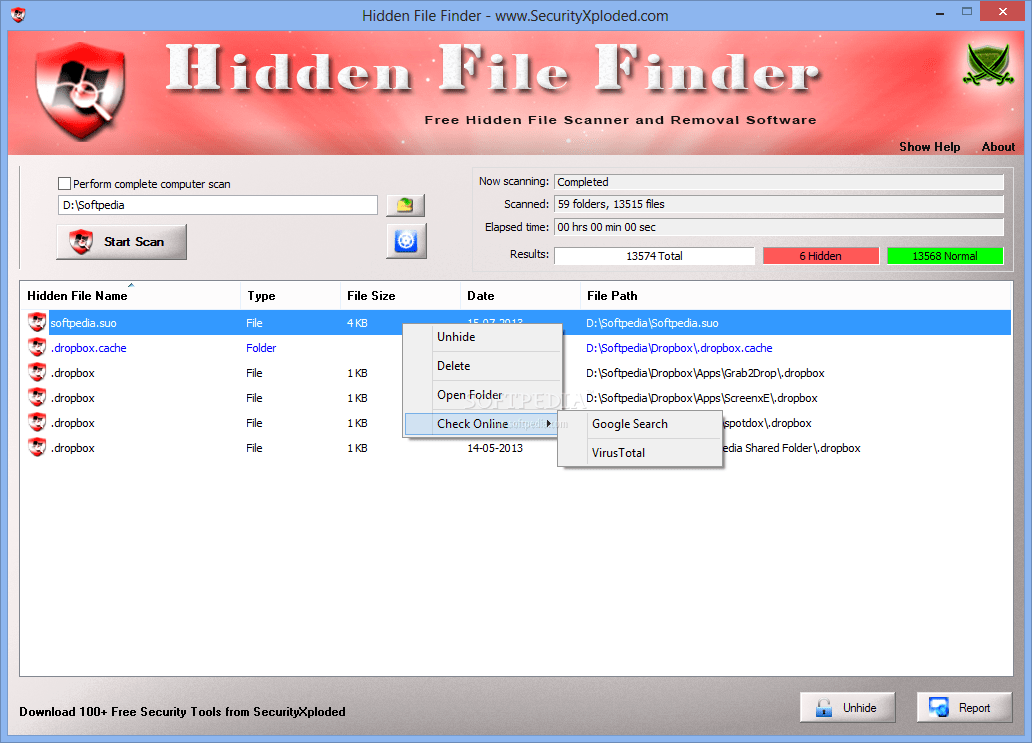 Hidden File Finder сканирование всех папок компьютера и быстро обнаруживает все скрытые файлы